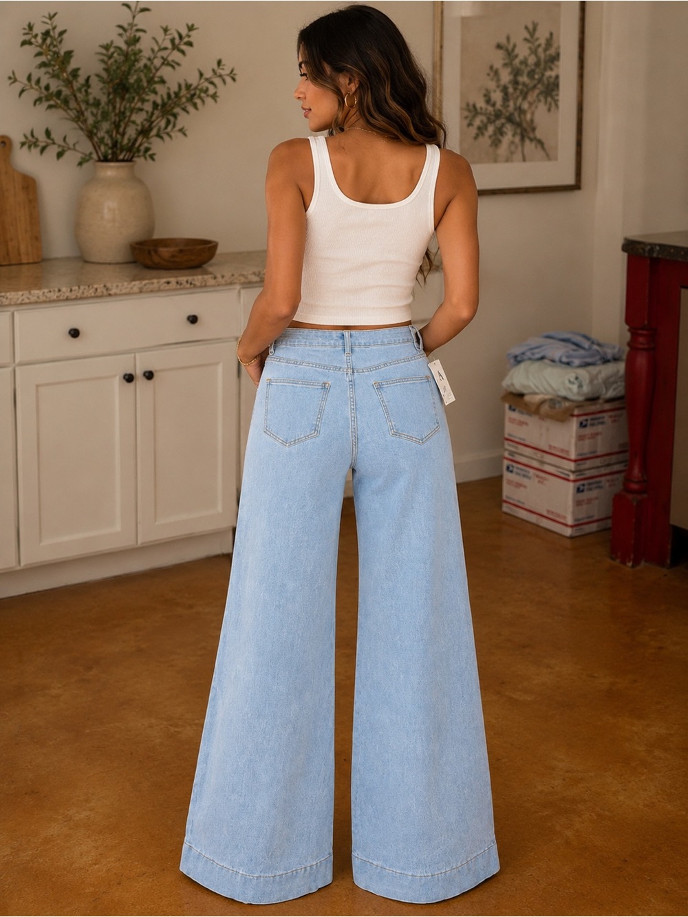 Zara Wide Leg Light Blue Women's Jeans with Rhinestone Detail - Picture 2 of 2